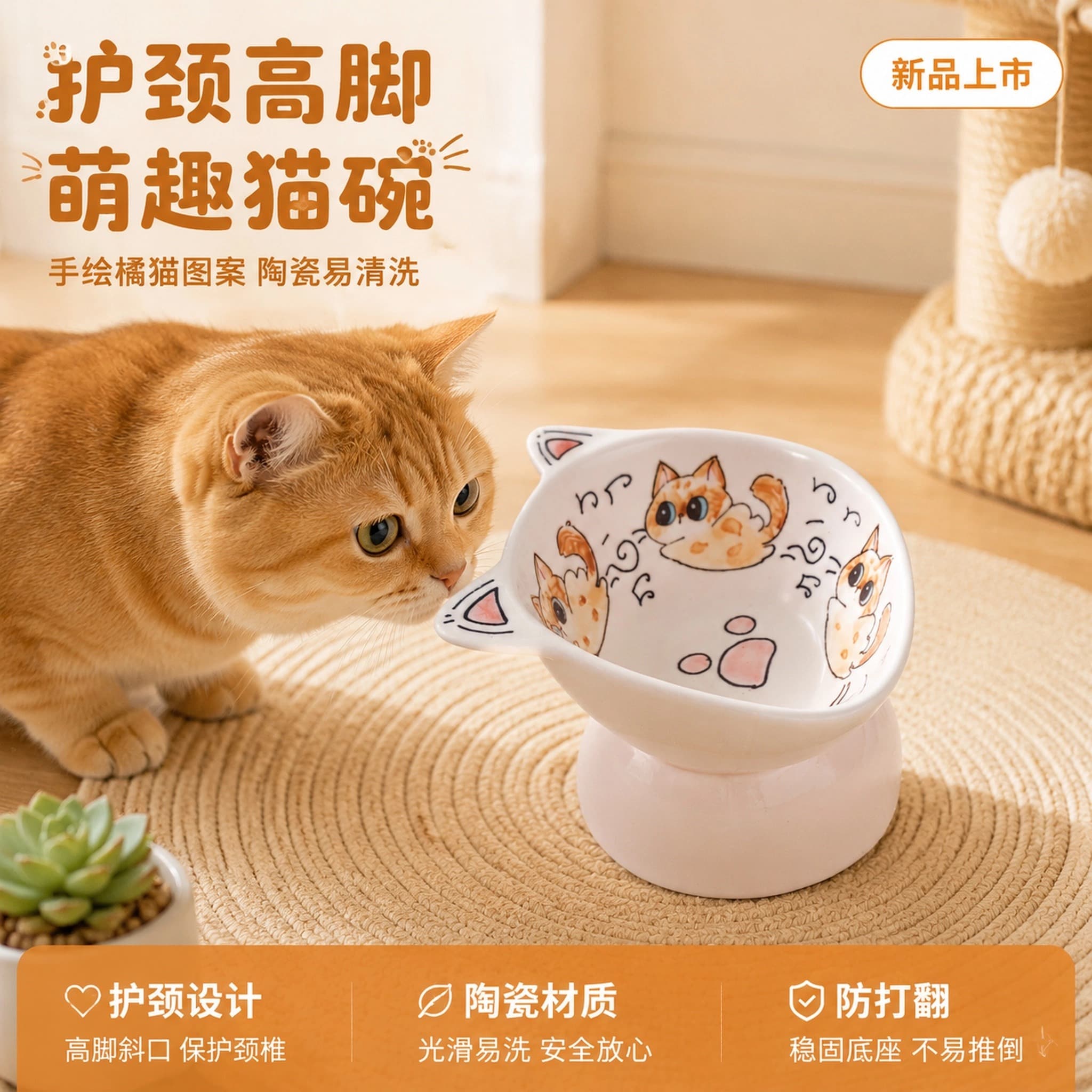 景德镇猫碗陶瓷防黑下巴倾斜护颈椎猫咪饭碗宠物碗釉下彩安全