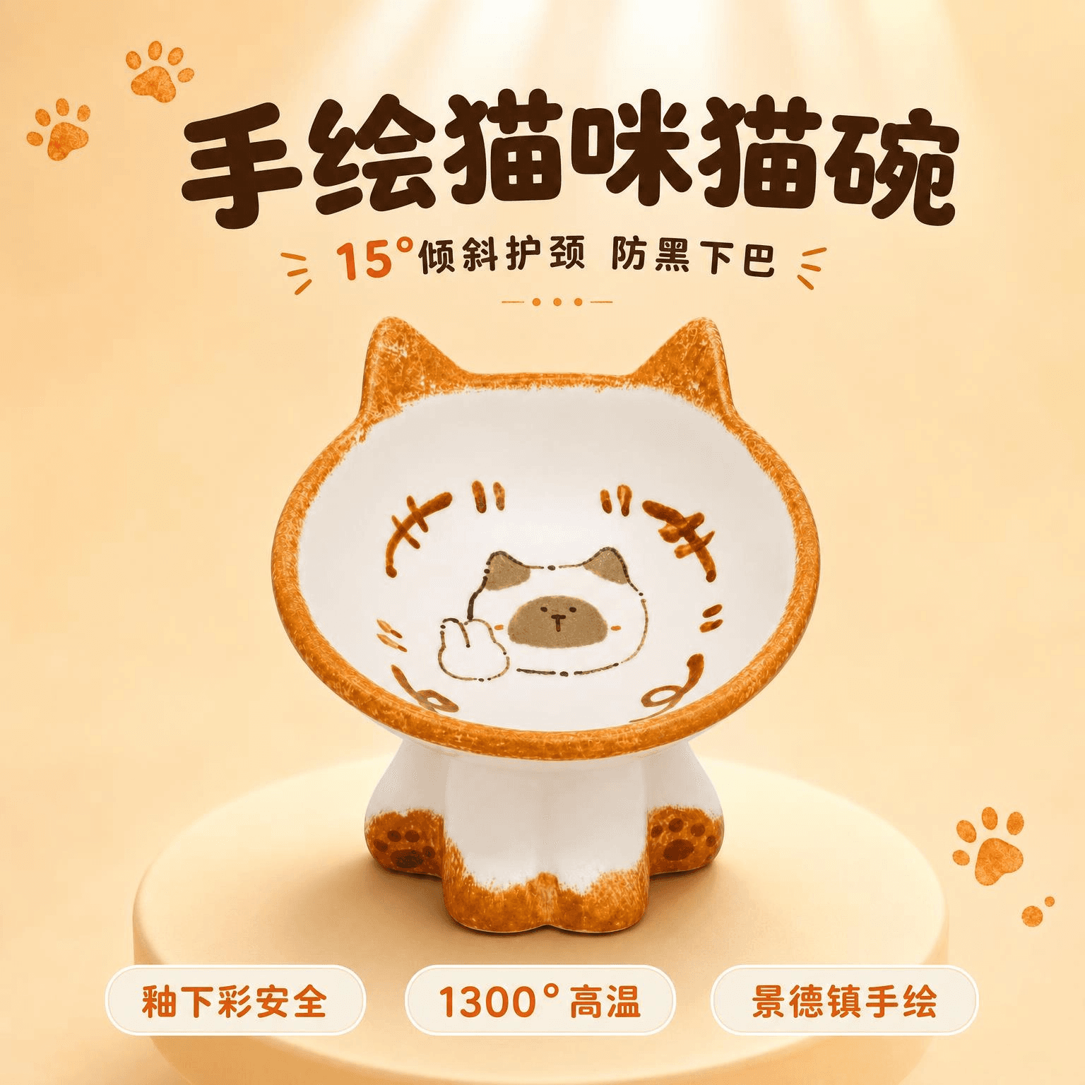 手绘猫咪猫碗防黑下巴倾斜护颈猫狗碗1300°高温景德镇陶瓷