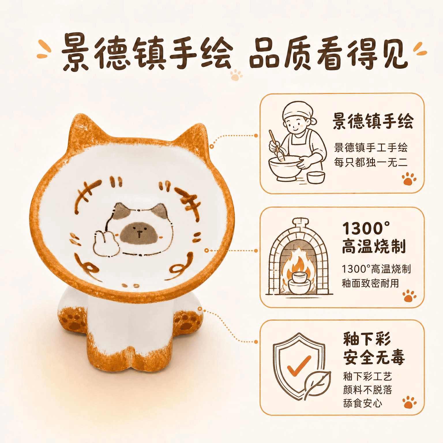 手绘猫咪猫碗防黑下巴倾斜护颈猫狗碗1300°高温景德镇陶瓷 缩略图 4