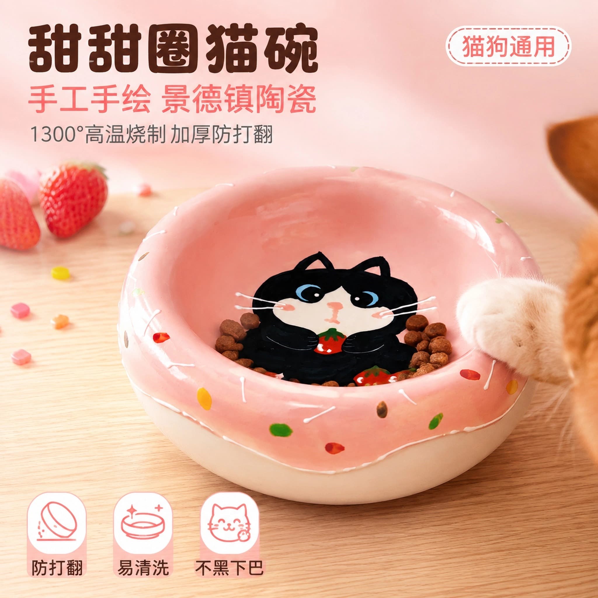 露觅可甜甜圈猫碗猫狗通用陶瓷碗手工手绘防打翻易清洗宠物食碗