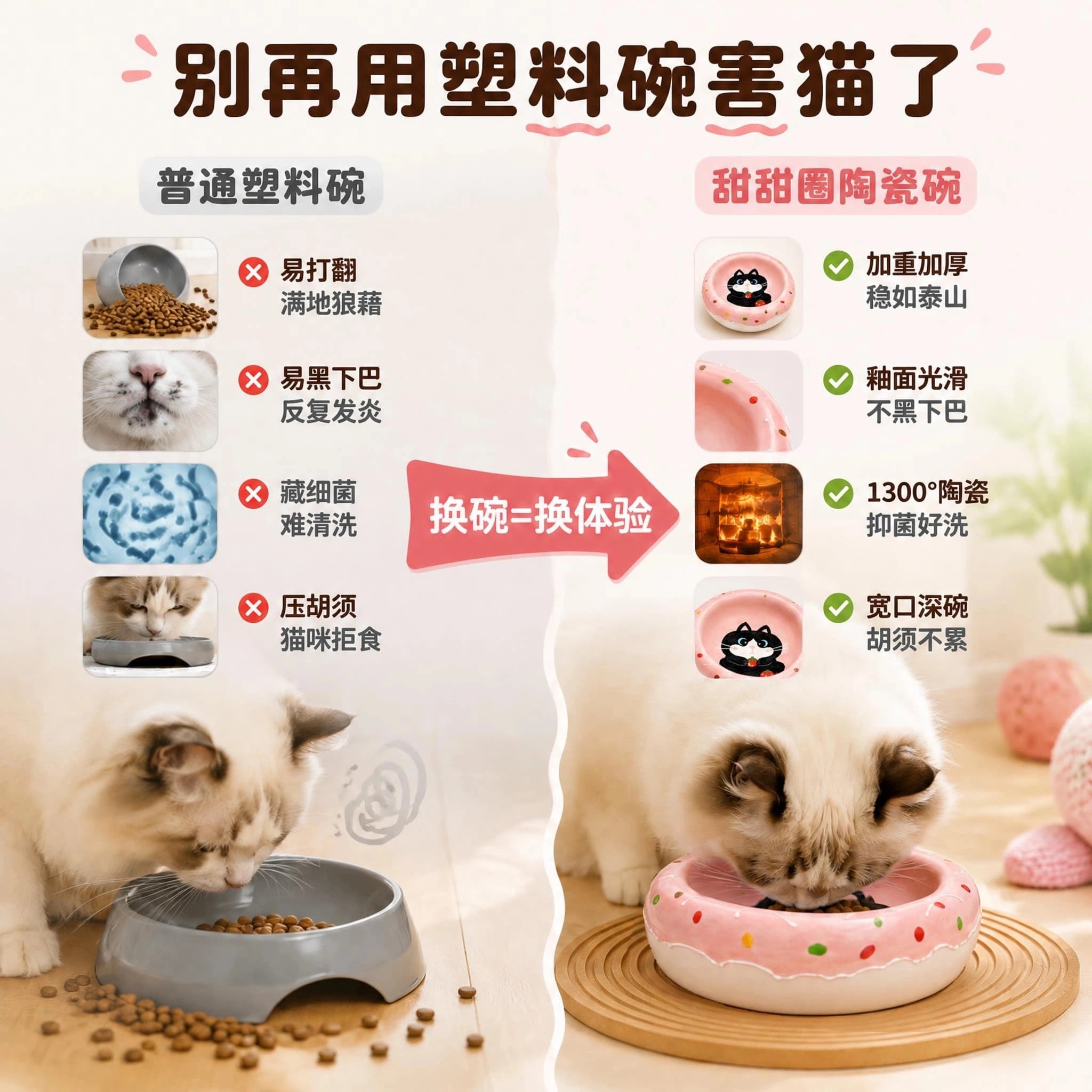 露觅可甜甜圈猫碗猫狗通用陶瓷碗手工手绘防打翻易清洗宠物食碗 缩略图 2