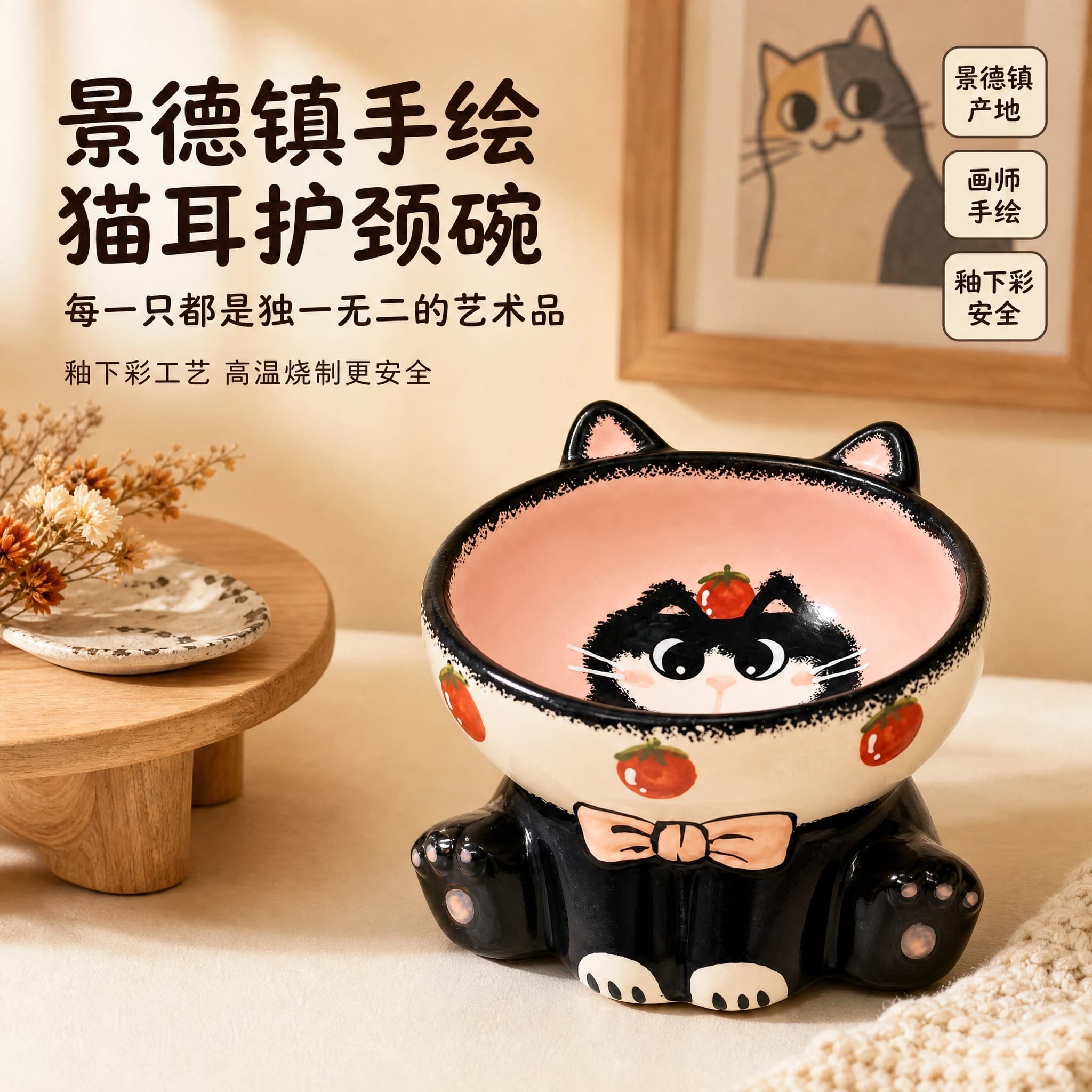 景德镇手绘猫耳护颈碗陶瓷猫狗碗釉下彩工艺防黑下巴防倾倒