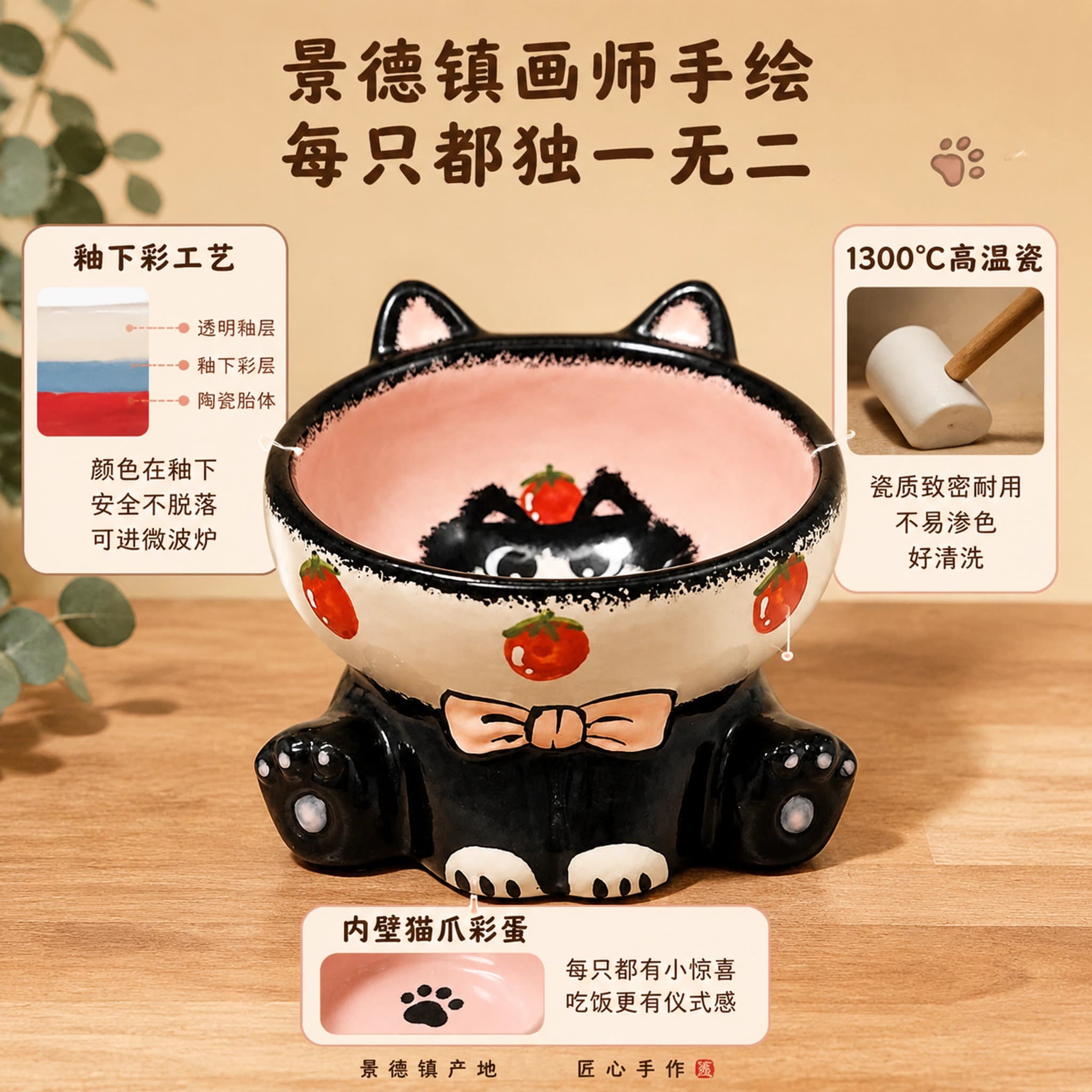 景德镇手绘猫耳护颈碗陶瓷猫狗碗釉下彩工艺防黑下巴防倾倒 缩略图 2