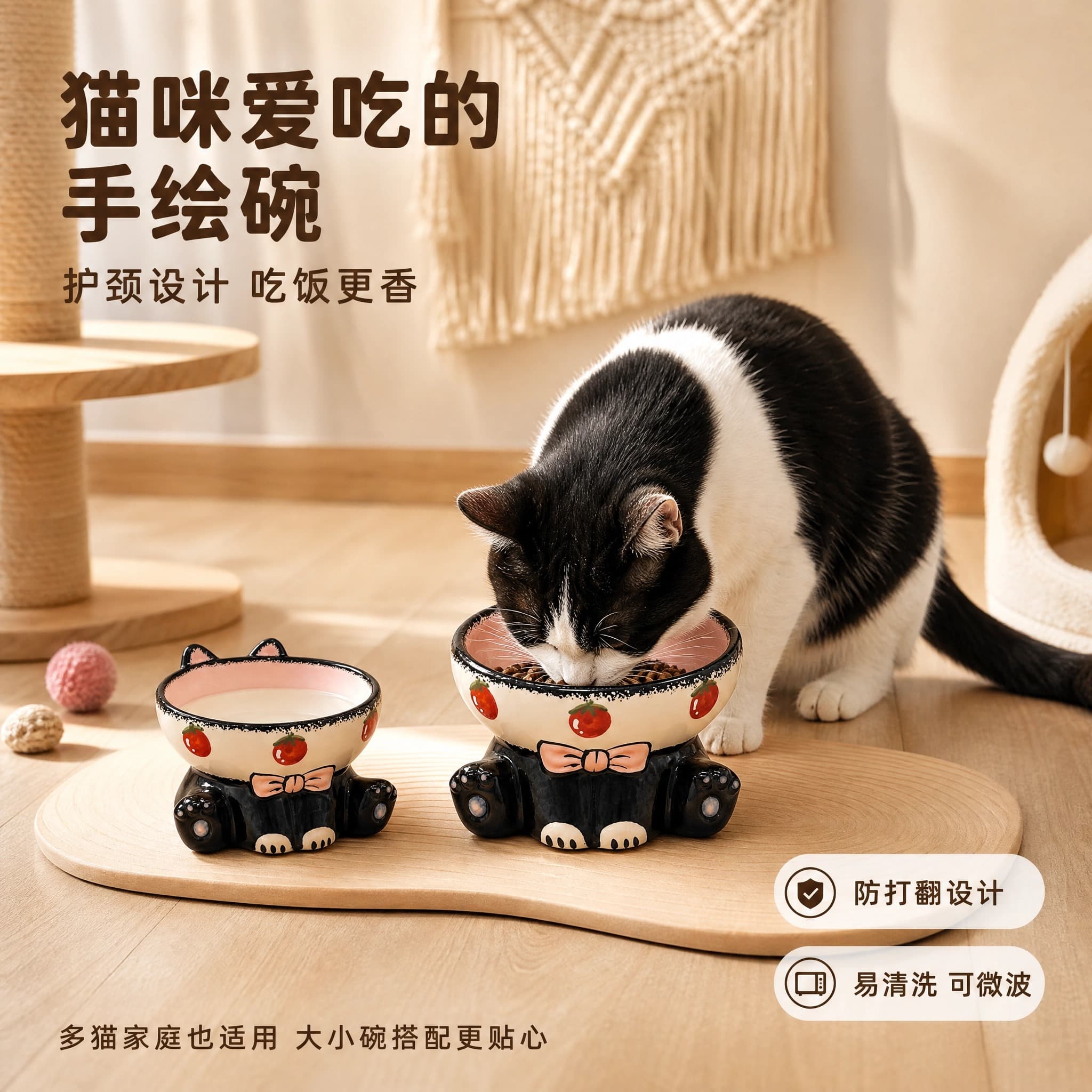 景德镇手绘猫耳护颈碗陶瓷猫狗碗釉下彩工艺防黑下巴防倾倒 缩略图 3